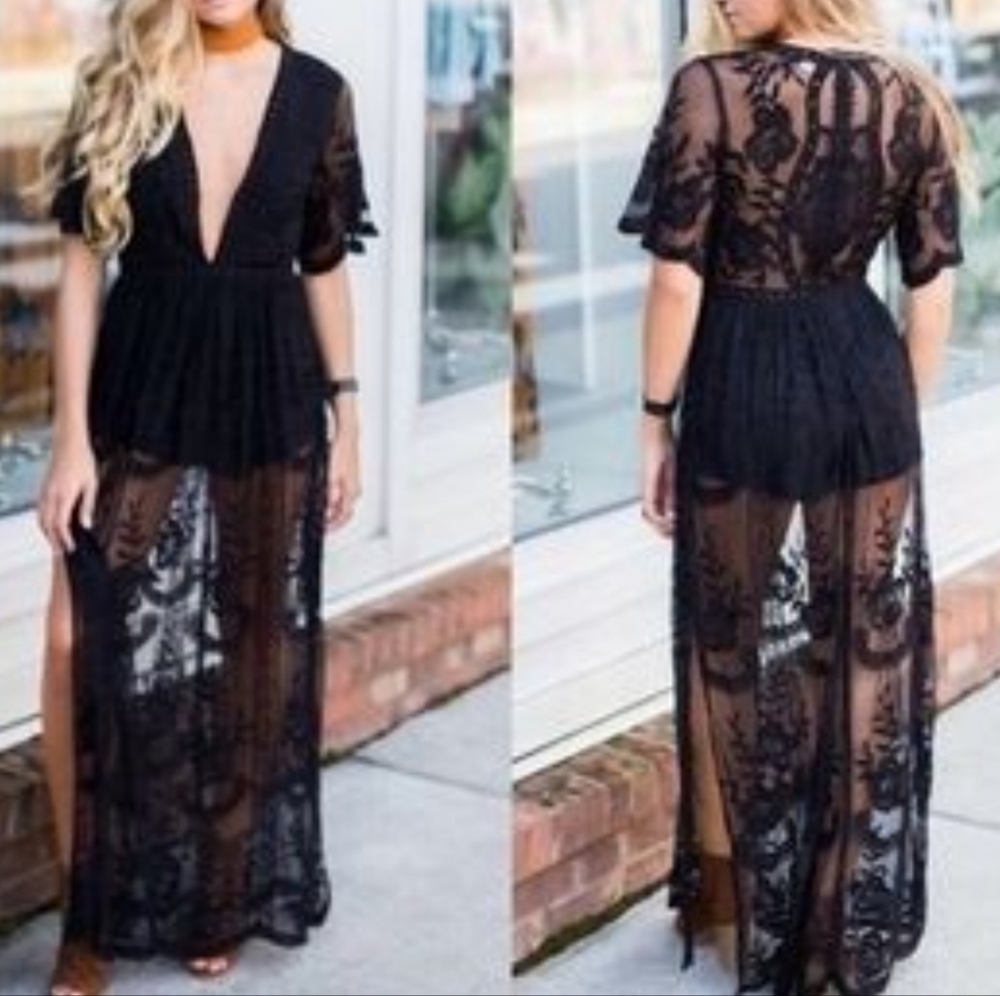 Honey Punch Small Black Lace Maxi Dress Romper Deep Plunge V-Neck Sheer Overlay